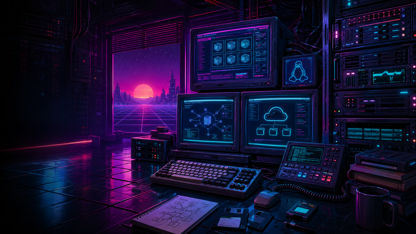 Retro-Cyberpunk-Homelab mit Neon-Servern und Terminal-Bildschirmen